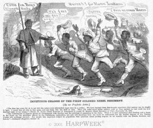 Harpers Weekly, November 5, 1864: "Impetus Charge of the First Colored Rebel Regiment". (The slaves charge to freedom behind Union lines.)