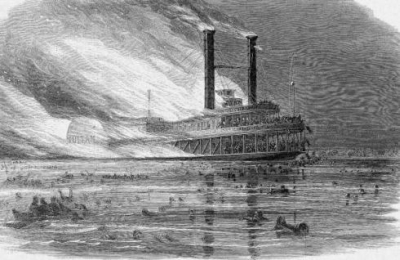 SS Sultana in flames before sinking with great loss of life. (Library of Congress)