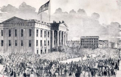 The U.S. flag being raised atop the Jefferson County Courthouse in Louisville in 1861. (from Frank Leslie's Illustrated Newspaper, March 16, 1861) 