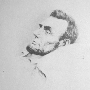 A picture of Lincoln's face as his body lies in the coffin. Taken by John B. Bachelder in Washington on April 16, 1865.